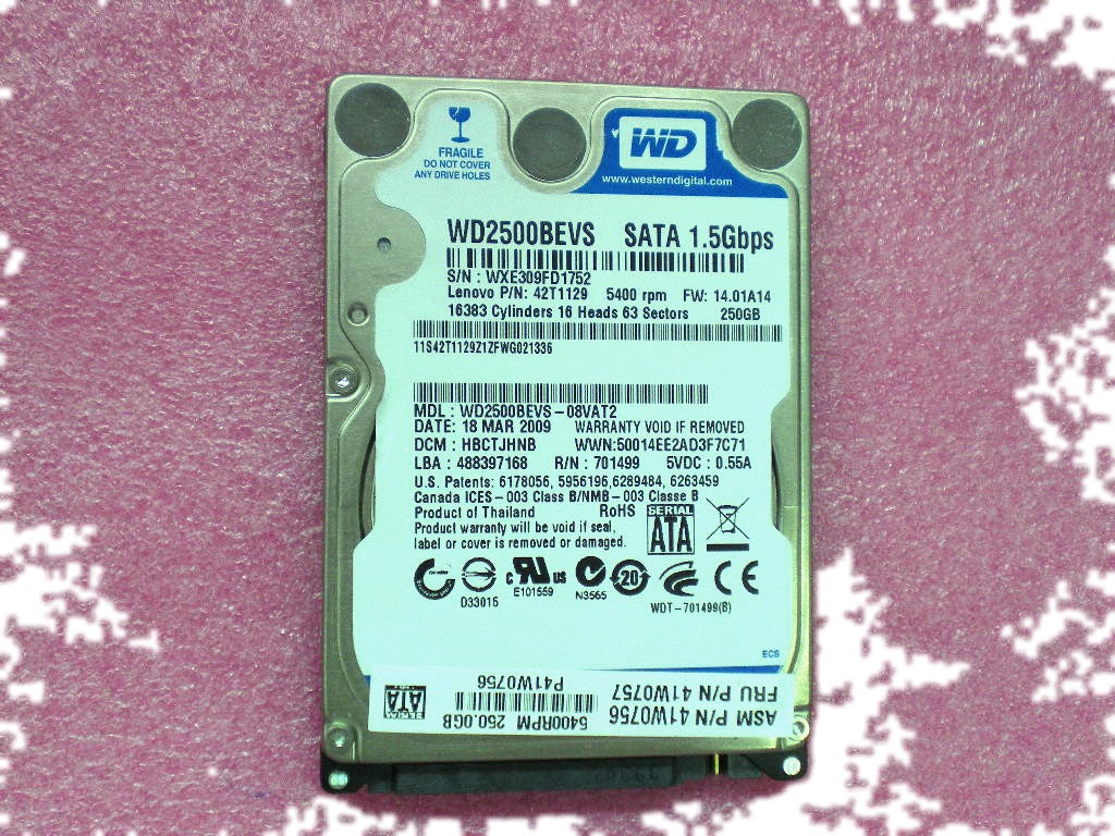 Lenovo Hard Drive HDD 250G 2.5 9.5mm 5400 SATA STD WD 41W0757