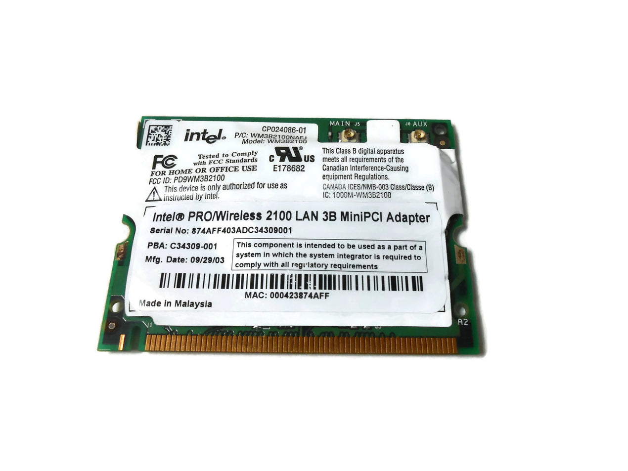 Intel Pro/Wireless 2100 LAN Mini PCI Card PD9WM3B2100